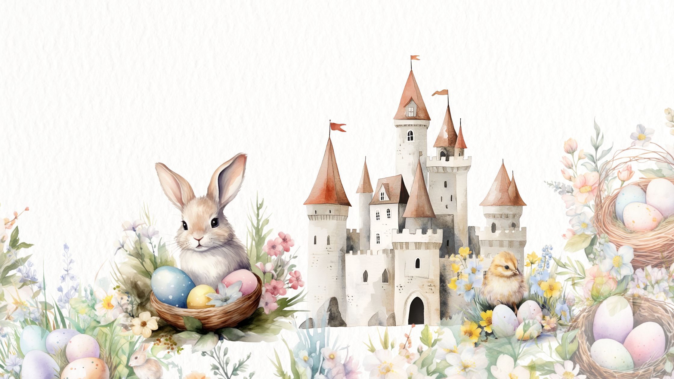 Bannière illustrée pour un jeu d’énigme : un lapin blanc stylisé entouré de fleurs printanières, annonçant "Le secret du lapin", une activité ludique pour enfants.